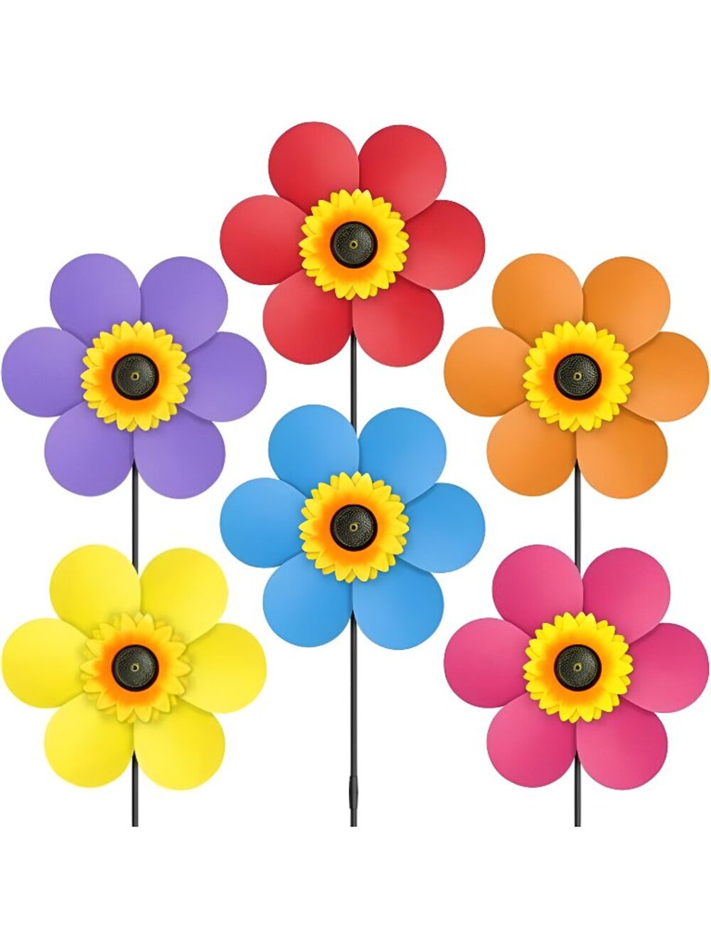 6PCS Sunflower Wind Spinners with Stakes 14" W x 29" H Wind Spinners